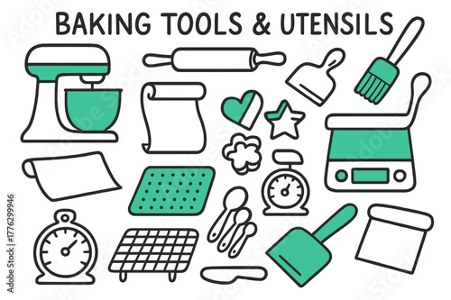 Baking Tools Doodle. // Baking tools & utensils. Hand-drawn doodle illustration Baking tools & utensils [stand mixer (accented), rolling pin, pastry brush