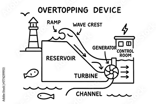 Hydraulic Energy Doodle. Overtopping device. Hand-drawn doodle illustration overtopping device ramp, reservoir, wave crest, turbine, generator, channel, water