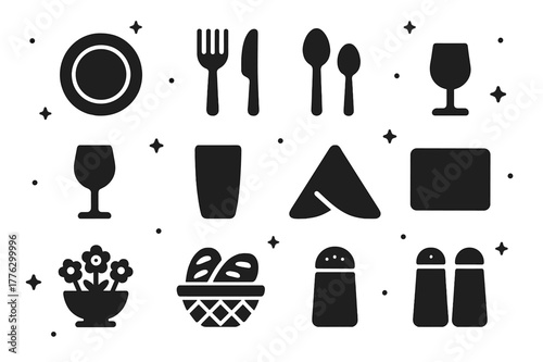 Formal Dinner Icons. Formal Dinner Setup. Solid icons set of Formal Dinner Setup: plate, fork, knife, spoon, wine glass, water glass, napkin, placemat,