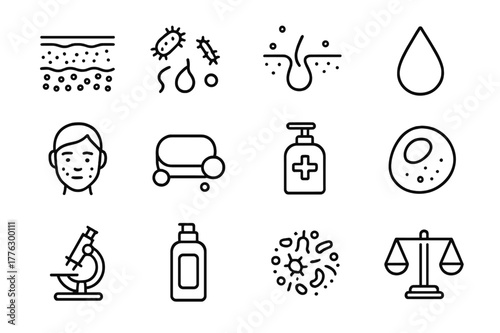 Skin Microbiome Icons. Skin microbiome. Line icon set of skin microbiome: skin layers, bacteria, pore, droplet, face, soap, sanitizer, cell, microscope, lotion