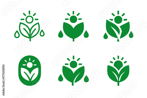 Plant Nutrition Icons. How plants make their food. Icon set. Set Logo of how plants make their food: leaf with sun and water droplets. harmonious