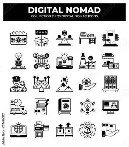 Collection of 25 Digital Nomad Icons: Remote Work. Freelancer. Travel. Business. and More