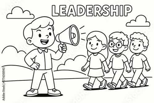 Confident Child Leader. leadership children?s coloring book illustration, outlined drawing, a confident child leading a team with a megaphone, educational