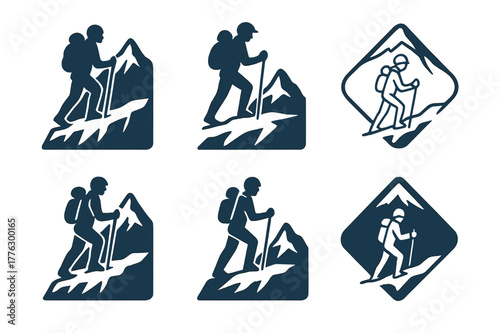 Trekking Logo Variations. Trekking in remote and unexplored areas. Set Logo of Trekking in remote and unexplored areas: glacier traverse with trekking poles.