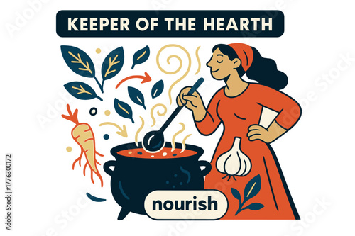 Herbal Stew Harmony. Keeper of the Hearth ? Herbal Stew. Leaves, garlic, and root icons swirl into a simmering pot; aroma lines curl like music.
