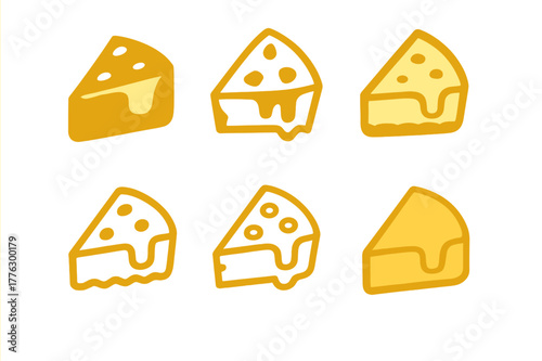 Cheese Quiche Logos. Cheese quiche. Set Logo of Cheese quiche: melting cheese slice on crust. harmonious logo variations of the same emblematic concept, each