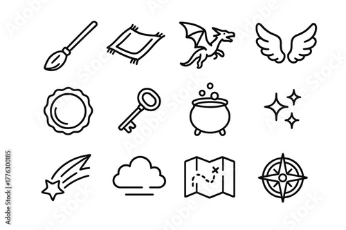 Magical Travel Icons. Magical transportation. Line icon set of magical travel: broomstick, carpet, dragon, wings, portal, key, cauldron, sparkles, shooting