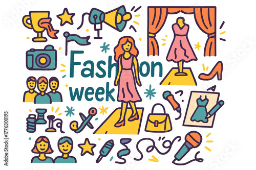 Colorful Fashion Week Doodles. Fashion week. Hand-drawn doodle illustration of fashion week. Runway, audience,