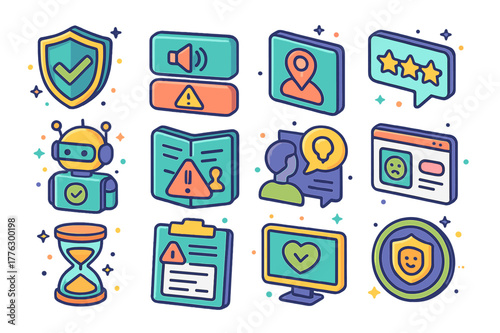 Cyberbullying Prevention Icons. Cyberbullying prevention in games. Colorful isometric vector icons set of Cyberbullying prevention in games: anti-bullying