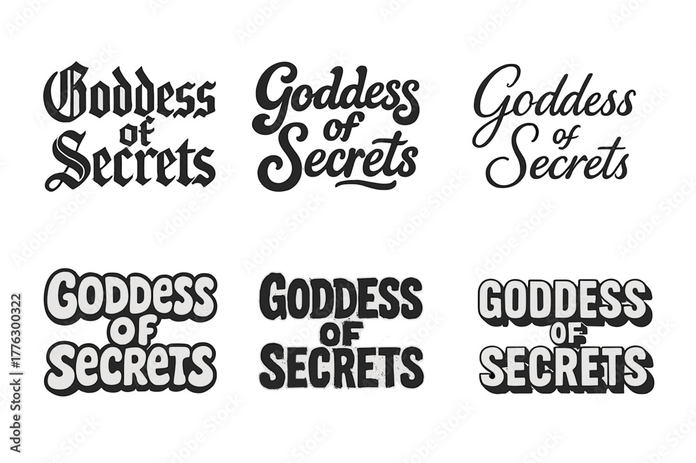 Fototapeta premium Goddess Lettering Variations. Goddess of Secrets. Set lettering. harmonious lettering variations of the same emblematic concept (Gothic-inspired decorative
