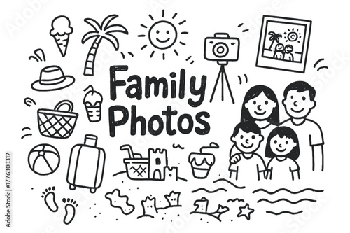Doodle Family Holiday. Family Photos. Hand-drawn doodle illustration of taking family photos on a holiday.
