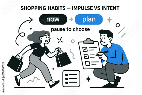 Impulse vs Intent. Shopping Habits ? Impulse vs Intent. Two buttons hover: ?now? flickers and ?plan? glows steady; a list icon anchors the scene. Caption