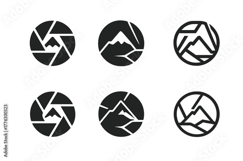 Mountain Logo Collection. Photography and capturing scenic views. Set Logo of Photography and capturing scenic views: aperture iris with mountain peak. Icon