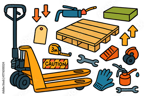 Colorful Pallet Jack Doodle. Pallet jack. Colorful Hand-drawn doodle Children illustration Pallet jack manual jack, handle, forks, grease gun, wooden pallet,