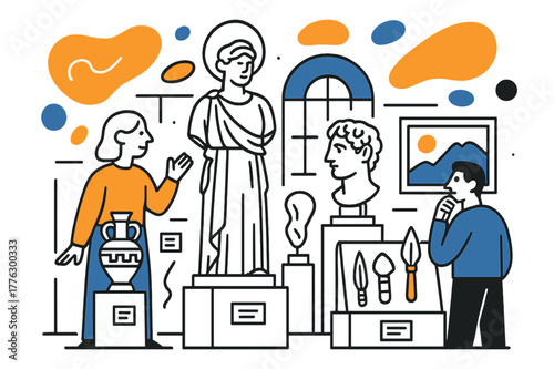 Historical Highlights Exhibit. Historical showcase. A museum atrium with exhibits of sculptures, ancient tools