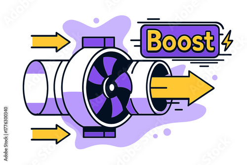 Dynamic Fan Boost. Inline Fan Placement. A compact fan hovers between duct segments, bold arrows accelerate through it. A neon tag ?Boost? flashes with speed