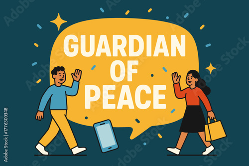 Peace Guardian Banner. Guardian of peace banner, flat vector illustration, bold oversized text inside rounded blob, cartoon characters walking and waving near