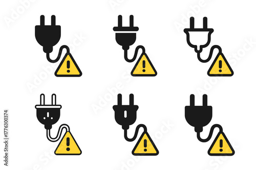 Extension Cord Safety Logos. Extension cord safety. Set Logo of Extension cord safety: grounded plug with warning tag. harmonious logo variations of the same