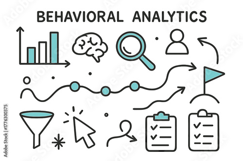 Behavioral Analytics Illustration. // Behavioral analytics. Hand-drawn doodle illustration Behavioral analytics [graph (accented), magnifying glass (accented),