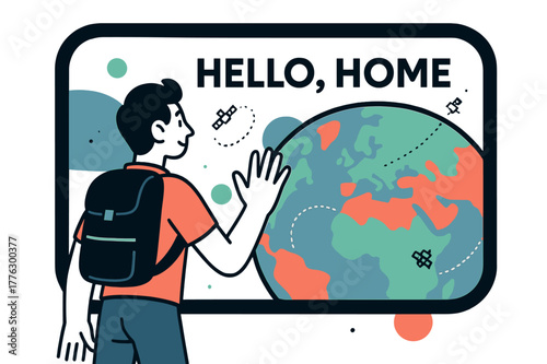 Traveler's Panoramic View. Panoramic Window View. A traveler presses a palm to the glass as continents slide by; text ?Hello, Home? floats in friendly type.