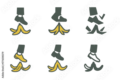 Banana Peel Logos. Humorous Content. Set Logo of Humorous Content: banana peel slip. Icon set. harmonious logo variations of the same emblematic concept, each