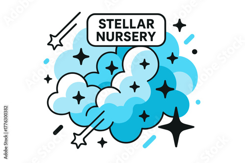 Stellar Nursery Illustration. Nebula ? Stellar Nursery. Gas clouds billow like cotton candy as tiny star icons ignite; a floating tag reads ?Stellar Nursery.?