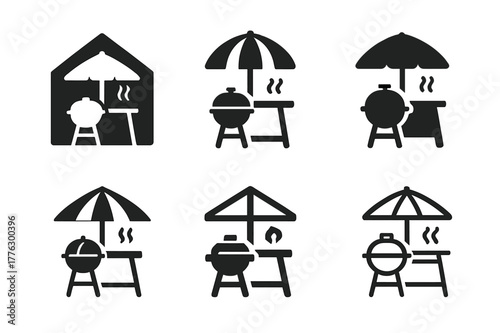 Barbecue Logo Variations. Home barbecues and outdoor kitchens. Icon set. Set Logo of home barbecues and outdoor kitchens: patio with grill and umbrella.