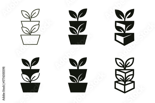 Vertical Gardening Icons. Vertical gardening for small spaces. Set Logo of vertical gardening for small spaces: stacked planter boxes with leaves. Icon set.