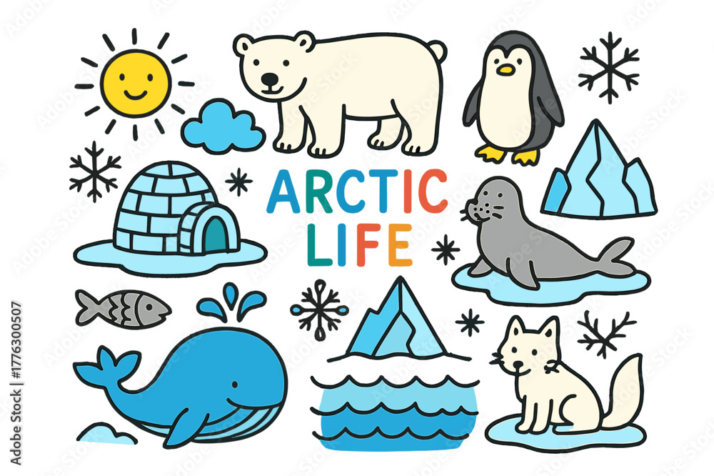 Naklejka premium Arctic Life Doodle. Arctic Life. Colorful Hand-drawn doodle Children illustration Arctic Life polar bear, seal, penguin, igloo, snowflake, ice floe, fish,