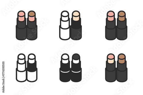 Cosmetic Logo Variations. Blush, highlighter, and bronzer trio. Set Logo of Blush, highlighter, and bronzer trio: three twist-up sticks bundle. Icon set.
