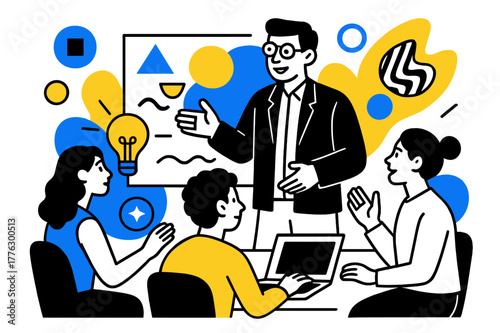 Creative Team Leadership. Team Leaders Guiding Teams in Creative Projects. Leader standing at a digital screen guiding team members with floating abstract