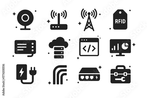 IoT Parking Icons. Solar panels. Solid icons set of Solar panels: photovoltaic panel, sun, photovoltaic cell, wiring harness, junction box, MC4 connector,