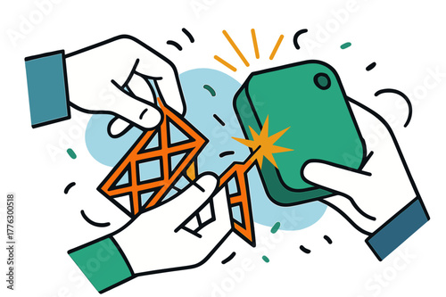 Smooth Finish Celebration. Support Removal. Hands snap away lattice supports from a clean part; spark lines celebrate a ?smooth finish?. Minimal shavings float