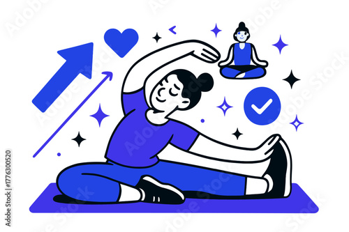 Dynamic Yoga Motivation. Workout motivation. Person stretching on yoga mat with abstract floating arrows, icons, and sparkles; emphasizes flexibility, calm,