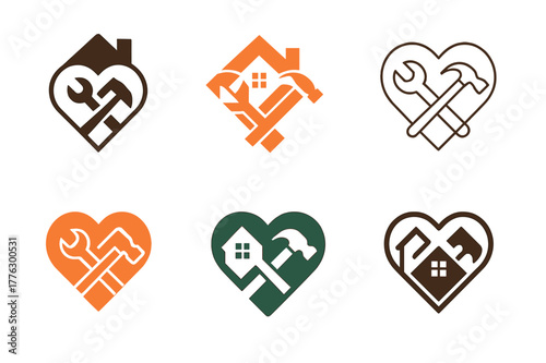 Heart House Logos. Volunteering to help a family member with home maintenance tasks. Set Logo of volunteering to help a family member with home maintenance