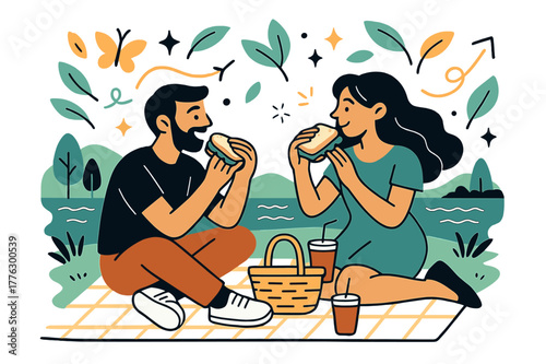 Romantic Lakeside Picnic. A couple having a picnic by the lake, relaxing and enjoying the outdoors. Pair enjoying sandwiches and drinks on blanket with