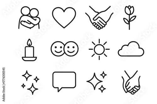 Tender Moment Icons. Tender moment. Line outline icon set of tender moment: two people hugging, heart, hand