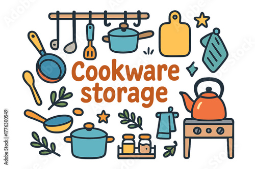 Playful Cookware Doodles. Cookware storage. Hand-drawn doodle illustration of cookware storage. Pots, pans,