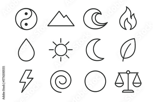 Nature Balance Icons. Nature equilibrium. Line icon set of nature equilibrium: yin-yang symbol, mountain, ocean wave, fire, water, sun, moon, leaf, lightning