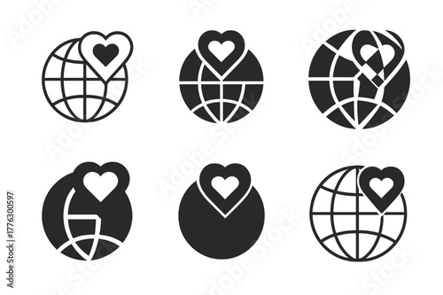 Social Impact Logos. Social impact startups. Set Logo of Social impact startups: impact globe with heart marker. Icon set. harmonious logo variations of the