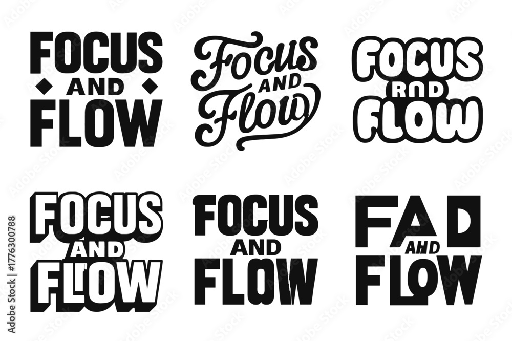 Fototapeta premium Diverse Typographic Styles. Focus and flow. Set lettering. harmonious lettering variations of the same emblematic concept, each with different artistic