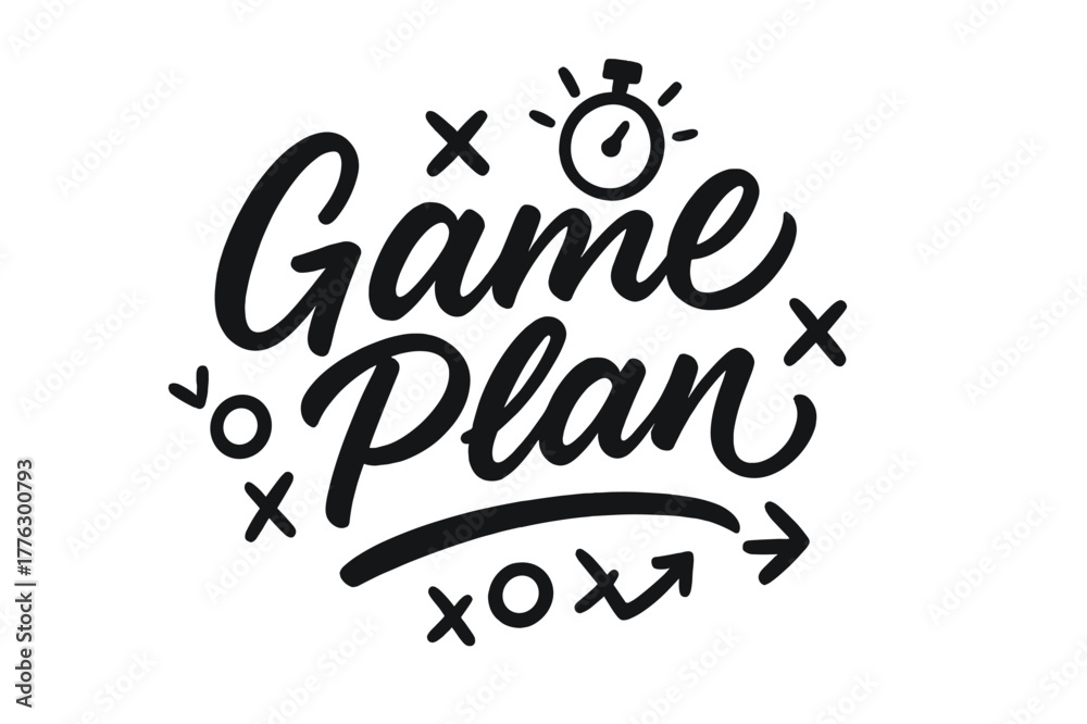 Obraz premium Dynamic Script Design. Game Plan ? Script Hand-Lettering; brush script with semi-cursive connectors and fluid pressure contrast; centered layout with gentle