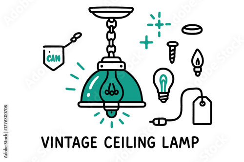 Vintage Ceiling Lamp. // Vintage ceiling lamp. Hand-drawn doodle illustration Vintage ceiling lamp [glass shade (accented), Edison bulb (accented), chain link