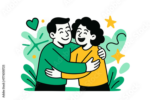 Joyful Reunion Embrace. Reunion happiness. A wide scene with two friends embracing, subtle abstract floating