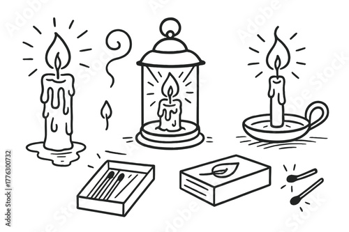 Candlelight Doodle Icons. Candlelight. Hand-drawn doodle illustration candlelight candle, wax drips, wick, flame, holder, lantern, matches, smoke curl,