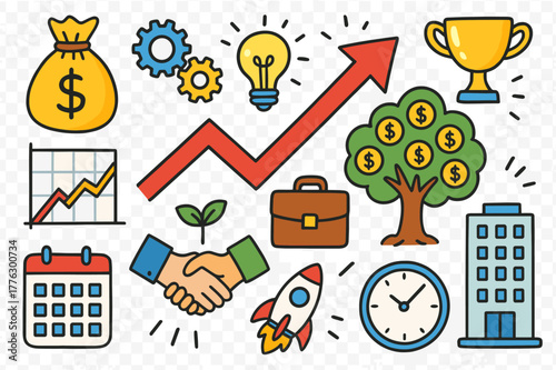 Colorful Business Growth Illustration. Business growth. Colorful Hand-drawn doodle Children illustration Business growth arrow chart, money bag, tree with