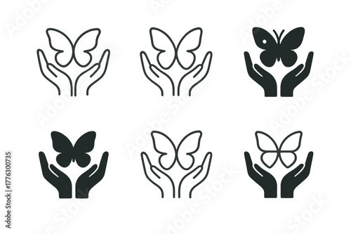 Healing Butterfly Logos. Nature-based therapies for mental health. Set Logo of Nature-based therapies for mental health: butterfly emerging from open hands.