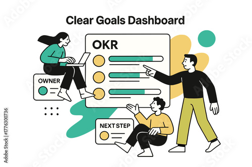 OKR Dashboard Visualization. Clear Goals Dashboard. Manager points to a shared OKR board while laptop tiles hover with ?owner? and ?next step?. Progress bars