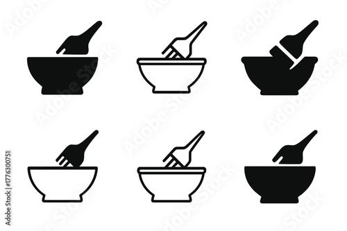 Brush and Bowl Icons. Bowl with hair dye. Set Logo of brush resting on color bowl rim: Filled silhouette, Stylized detail, Minimal outline, Flat solid,
