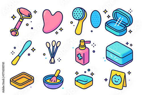 Colorful Skincare Tools. Clean skincare tools. Colorful isometric vector icons set of Clean skincare tools: facial roller, gua sha stone, cleansing brush,